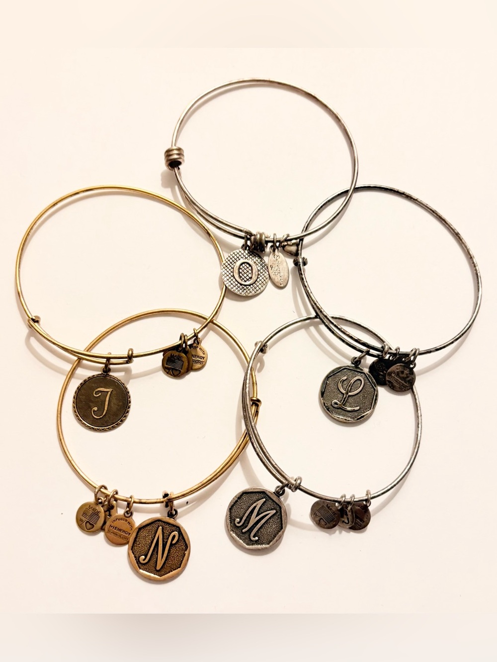 Alex and Ani Mixed Metal Initial Charm Bangle Set of 5 - Gold and Silver